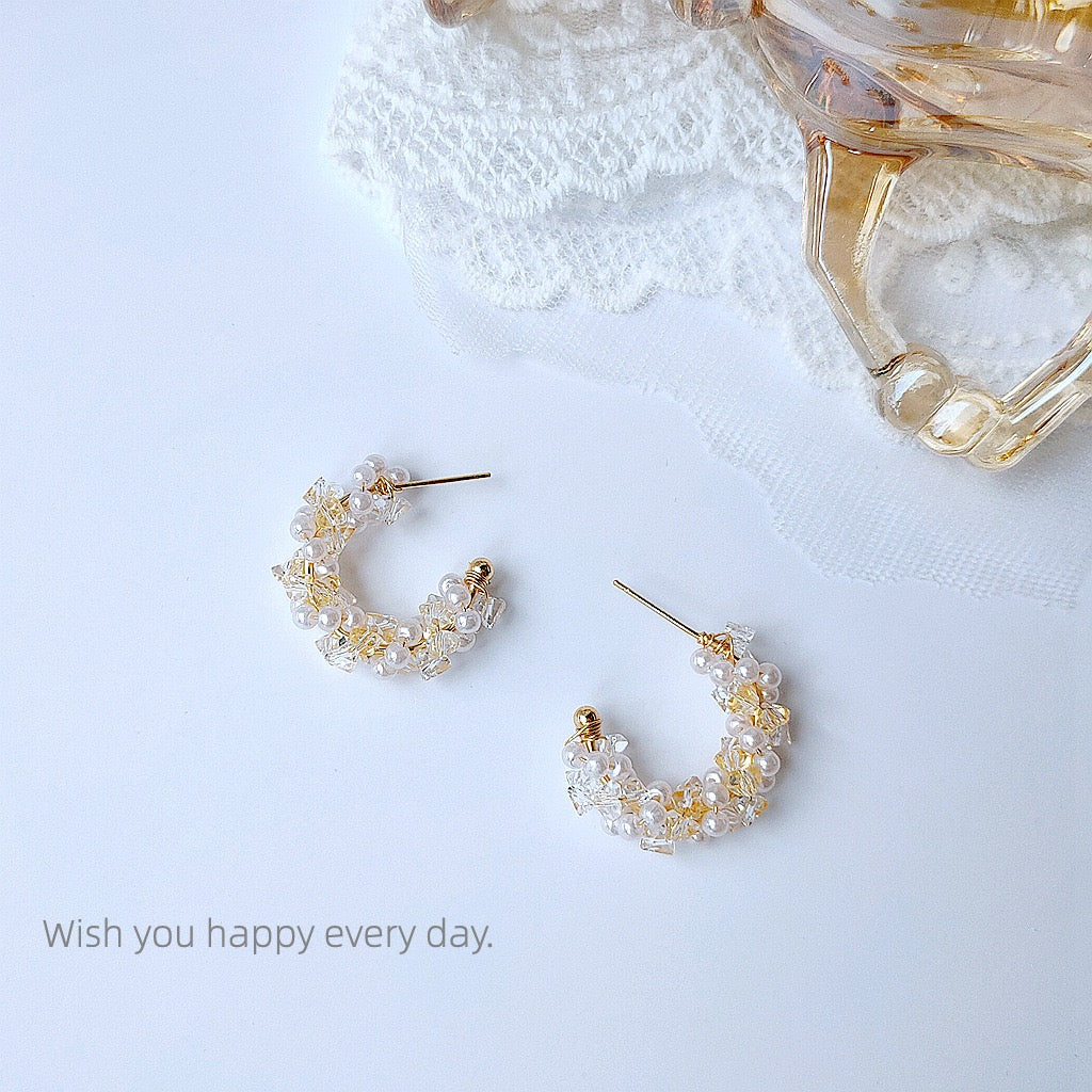 Moonlight - S925 Silver Pin Crystal Pearl C Hoop Ear Ring